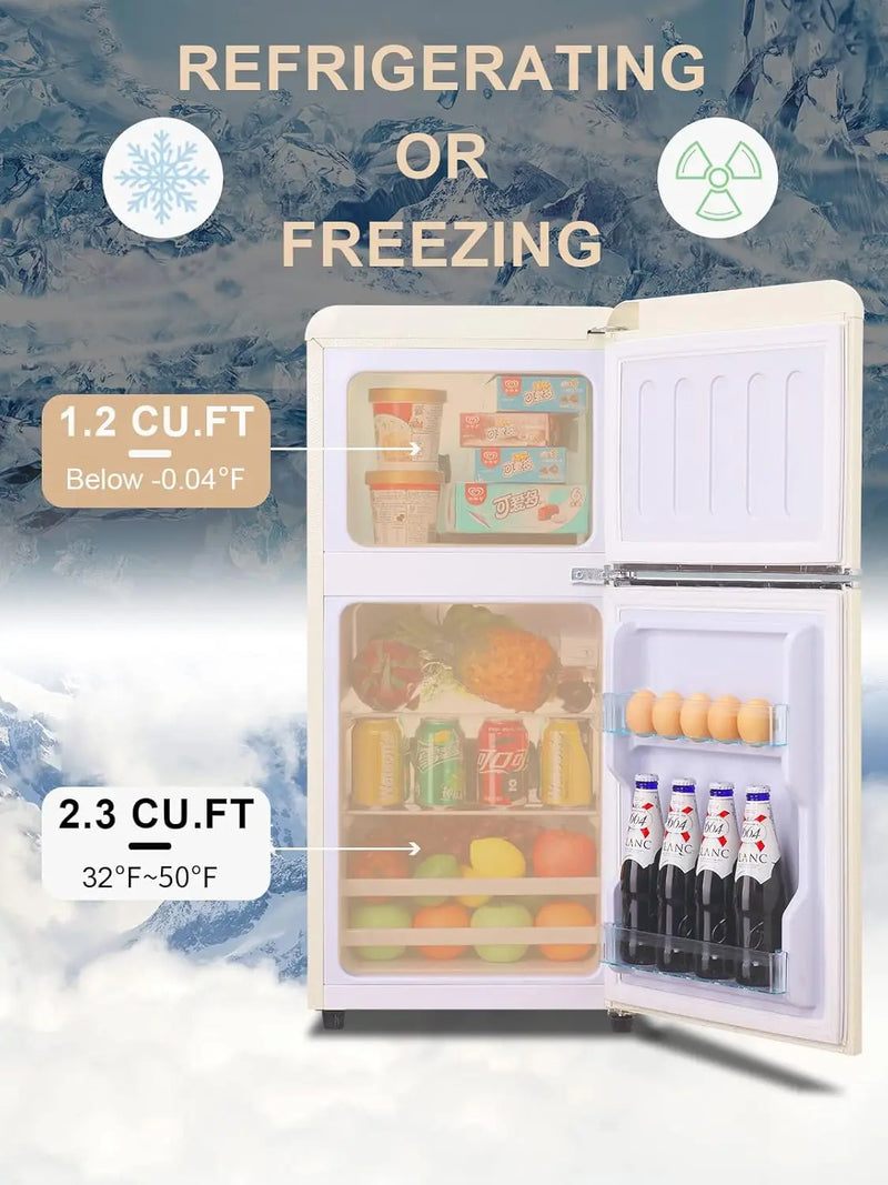 Compact Refrigerator, Mini Fridge with Freezer, Retro Design Small Drink Chiller for Home, Office