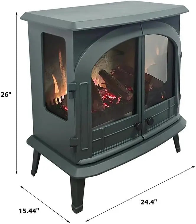 Freestanding Electric Fireplace Stove Heater in Hunter Green with Multi-Color Ember Bed