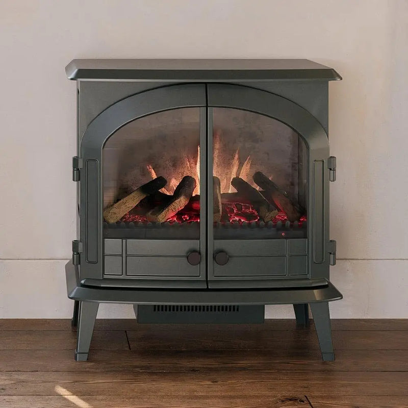 Freestanding Electric Fireplace Stove Heater in Hunter Green with Multi-Color Ember Bed