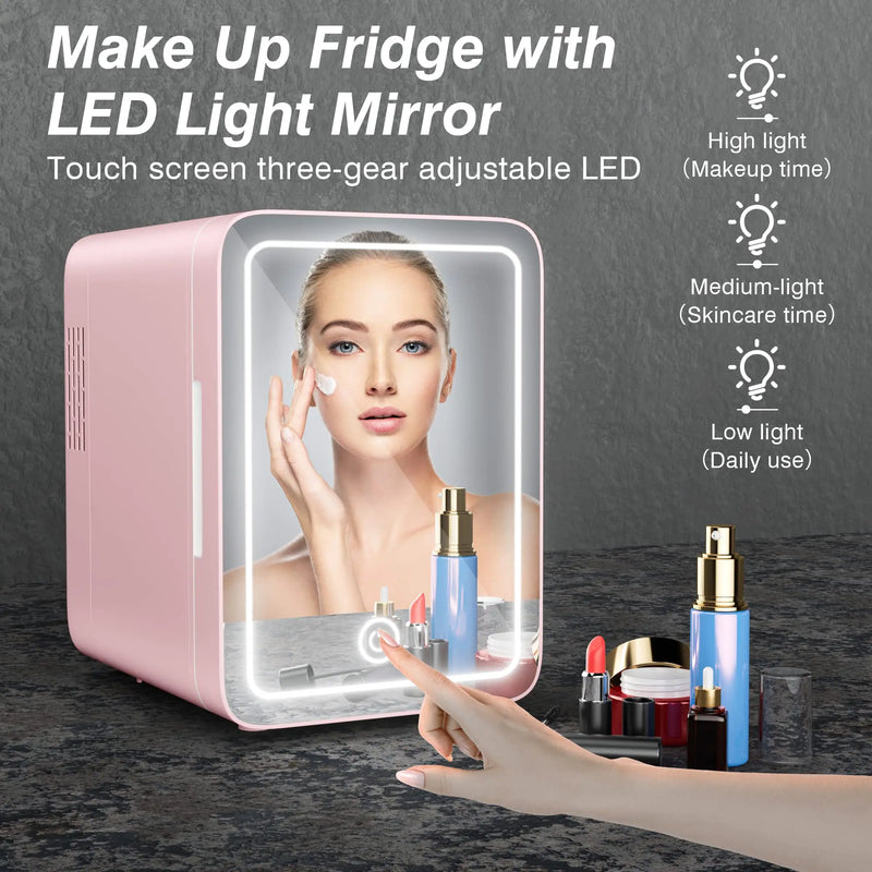 Mini Makeup Fridge Magnetic mirror door with LED light Pink Small car fridge Mini refrigerator