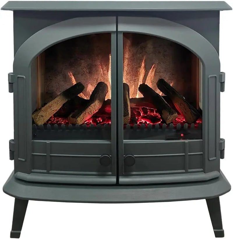 Freestanding Electric Fireplace Stove Heater in Hunter Green with Multi-Color Ember Bed