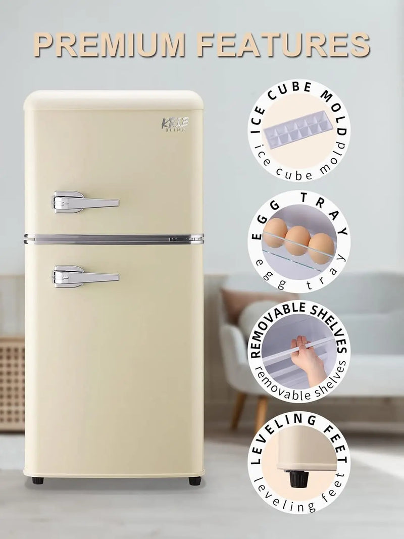 Compact Refrigerator, Mini Fridge with Freezer, Retro Design Small Drink Chiller for Home, Office