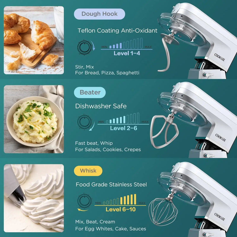 6-IN-1 Stand Mixer,  Electric Kitchen Mixer with Beater, Whisk, Dough Hook, Meat Grinder and Othe